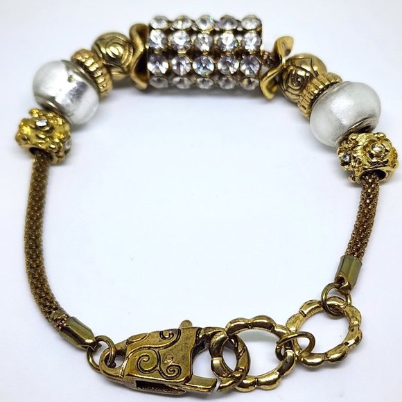 Gold and White Rhinestone Beaded Charm Lobster Claw Clasp Bracelet - Picture 6 of 8